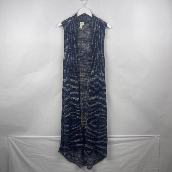 Chicos Blue Knitted Waterfall Duster Vest Size 2 Sleeveless Open Front - Picture 1 of 12